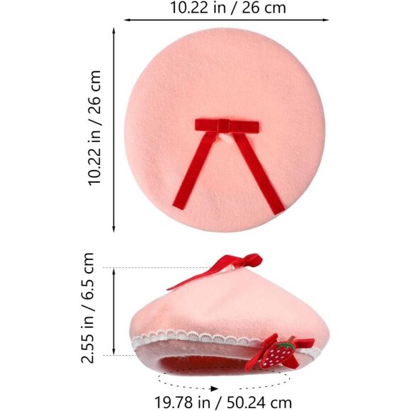 Women Wool Beret Hat Pink Strawberry Bow Winter French Style Cap main image 8